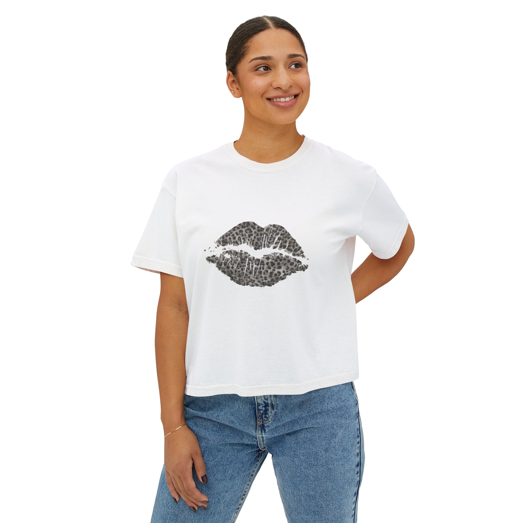 Leopard Kiss Boxy Tee — Women's Graphic Cropped T-Shirt